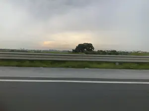 Bức ảnh chụp khung cảnh vùng nông thôn nhìn từ một phương tiện đang di chuyển trên đường cao tốc. Tiền cảnh là mặt đường nhựa và một dải phân cách bằng kim loại, có vạch kẻ đường màu trắng. Phía sau dải phân cách là một cánh đồng rộng lớn, nổi bật với một cây cổ thụ lớn ở giữa. Ở phía xa là những ngôi nhà của một làng mạc. Bầu trời u ám, nhiều mây, có một vệt sáng màu vàng ở đường chân trời.。（日本語訳）。高速道路を移動中の乗り物から見た田舎の風景写真です。前景はアスファルトの路面と、白い車線のある金属製のガードレールです。ガードレールの後ろには広大な畑が広がり、中央に大きな古木が目立っています。遠くには村の家々があります。空はどんよりと曇っており、地平線には黄色い光の筋があります。