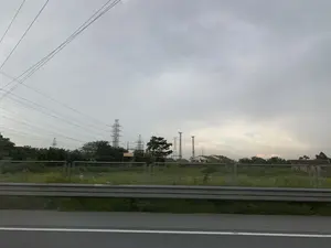 Quang cảnh được chụp từ một phương tiện đang di chuyển trên đường, có thể là đường cao tốc. Ở phía trước là một đoạn đường nhựa và dải phân cách bằng kim loại. Phía sau dải phân cách là một khu đất trống với cỏ mọc um tùm. Ở phía xa là một hệ thống các cột điện cao thế và đường dây điện chằng chịt. Xen kẽ giữa cây cối là một vài ngôi nhà, trong đó có một ngôi nhà mái ngói màu đỏ. Bầu trời u ám, đầy mây. Không có hoạt động cụ thể nào của con người được ghi nhận. Không có văn bản hay biển báo nào có thể đọc được.。（日本語訳）。道路を移動中の乗り物から撮影された風景で、高速道路の可能性があります。前方にはアスファルトの道路と金属製の中央分離帯があります。中央分離帯の後ろには、草が鬱蒼と茂る空き地があります。遠くには、高圧電線の鉄塔と、張り巡らされた電線のシステムがあります。木々の間にいくつかの家が点在しており、その中には赤い瓦屋根の家が一軒あります。空はどんよりとしており、雲に覆われています。特定の人の活動は記録されていません。読み取れる文字や標識はありません。