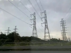 Bức ảnh chụp một khung cảnh ngoài trời với nhiều cột điện cao thế bằng kim loại. Các cột điện này có cấu trúc dạng lưới thép, đỡ một hệ thống đường dây điện chằng chịt vắt ngang qua bầu trời u ám, đầy mây. Phía dưới chân các cột điện là một dải cây cối xanh tươi. Ở phía trước, có một lan can đường bằng kim loại, cho thấy cảnh vật được chụp từ một phương tiện đang di chuyển trên đường.。（日本語訳）。写真は、金属製の高圧送電鉄塔が多数立つ屋外の風景を写しています。これらの鉄塔は鋼製の格子構造で、暗く雲に覆われた空を横切って複雑に張り巡らされた送電線系統を支えています。鉄塔の足元の下には、青々とした木々が帯状に連なっています。手前には金属製のガードレールがあり、この風景が道路を移動中の乗り物から撮影されたことを示しています。
