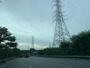 Bức ảnh chụp một con đường lớn, có thể là đường cao tốc hoặc quốc lộ, vào một ngày trời nhiều mây. Nổi bật trong khung cảnh là các cột điện cao thế bằng kim loại rất lớn, với nhiều đường dây điện vắt ngang bầu trời. Phía trước có một cây cầu vượt bắc ngang qua đường. Trên đường có nhiều phương tiện đang lưu thông, bao gồm xe tải và ô tô. Một số phương tiện dường như đang dừng ở khu vực có đèn tín hiệu giao thông dưới gầm cầu. Hai bên đường có cây cối và dải phân cách bằng kim loại. Có một biển báo giao thông màu xanh dưới gầm cầu nhưng không thể đọc rõ nội dung.。（日本語訳）。写真は、曇りの日に撮影された、高速道路か国道と思われる大きな道路を写しています。風景の中で目立っているのは、非常に大きな金属製の高圧電線の鉄塔で、多くの電線が空を横切っています。前方には、道路を横切る陸橋があります。道路上では、トラックや乗用車を含む多くの車両が通行しています。いくつかの車両は、橋の下の信号機があるエリアで停止しているようです。道路の両側には木々と金属製の中央分離帯があります。橋の下に青い交通標識がありますが、内容ははっきりと読み取れません。