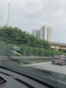 Bức ảnh được chụp từ bên trong một chiếc ô tô đang di chuyển trên đường cao tốc. Một chiếc ô tô màu đen hiệu Kia Morning đang chạy ở làn đường bên cạnh. Dọc theo con đường là hàng rào cây xanh rậm rạp. Ở phía xa, phía sau hàng cây là một cụm các tòa nhà chung cư cao tầng, hiện đại, có màu trắng. Một cây cầu vượt bằng bê tông bắc ngang qua khung cảnh. Bầu trời u ám và đầy mây. Hình ảnh có một chút mờ do xe đang chạy và có hình ảnh phản chiếu trên kính chắn gió.。（日本語訳）。写真は、高速道路を走行中の車内から撮影されたものです。隣の車線を、キア・モーニングというブランドの黒い車が走っています。道に沿って、緑の木々が鬱蒼と茂る生け垣があります。遠くの木々の後ろには、白くて近代的な高層マンション群があります。コンクリート製の陸橋が風景を横切っています。空はどんよりと曇っています。車が走行中のため画像は少しぼやけており、フロントガラスへの映り込みがあります。