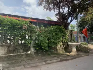 Trên một cột điện có treo biển báo giao thông hình tròn, viền đỏ, nền trắng, ghi chữ '3,5t', đây là biển báo giới hạn trọng tải 3,5 tấn. Khung cảnh là một con đường nhỏ ở một khu dân cư tại Việt Nam. Bên cạnh đường là một ngôi nhà cấp bốn lợp mái tôn màu đỏ, được bao quanh bởi một bức tường rào bê tông cũ. Trên tường rào có một giàn cây leo, nổi bật là hoa sử quân tử màu hồng và trắng. Phía trước nhà có một cây lớn và một chậu cây cảnh bằng xi măng đặt trên vỉa hè. Một lá cờ đỏ sao vàng của Việt Nam được treo trên cột. Bầu trời trong xanh, có nhiều mây trắng. Không có hoạt động nào của con người được ghi nhận.。（日本語訳）。これは3.5トンの重量制限標識である。風景は、ベトナムのある住宅街の小さな道である。道の脇には、古いコンクリートの塀に囲まれた、赤いトタン屋根の平屋建ての家がある。塀の上にはつる植物の棚があり、ピンクと白のシクンシの花が目立っている。空は青く澄み、白い雲が多く浮かんでいる。人の活動は見られない。