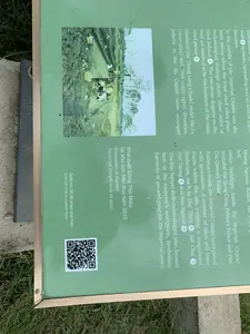 Bức ảnh chụp cận cảnh một tấm biển thông tin màu xanh lá cây đặt ngoài trời trên một bệ bê tông, xung quanh là cỏ. Tấm biển này cung cấp thông tin về một địa điểm khảo cổ, có nội dung bằng cả tiếng Việt và tiếng Anh.。Nội dung tiếng Việt có thể đọc được bao gồm:。- "Khai quật Đông Thái Miếu tại khu vực Nền Vua năm 2010"。- "Quét mã QR để khám phá thêm"。Nội dung tiếng Anh mô tả về khu vực Hoàng thành, các cung điện (Hoang Nguyen Palace, Dong Cung Prince's Palace, Phu Cuc Queen's Palace), các hồ nước (Duc Thuy, Boi Chai, Duc Tuong, Ban Nguyet) và so sánh với Hoàng thành Thăng Long.。Trên biển có một bức ảnh nhỏ chụp lại cảnh một cuộc khai quật khảo cổ. Trong ảnh, có một vài người đang làm việc trong một hố đào. Bên cạnh phần văn bản là một mã QR để du khách tìm hiểu thêm thông tin.。（日本語訳）。屋外のコンクリートの台座の上に置かれた緑色の案内板のクローズアップ写真で、周りは草で囲まれている。この案内板は考古学遺跡に関する情報を提供しており、内容はベトナム語と英語の両方で書かれている。読み取れるベトナム語の内容は以下の通り：。- 「2010年、ネンヴア地区におけるドンタイ廟の発掘」。- 「QRコードをスキャンしてさらに詳しく」。英語の内容は、皇城エリア、各宮殿（ホアン・グエン宮殿、ドンクン太子宮、フークック皇后宮）、各湖（ドゥック・トゥイ、ボイ・チャイ、ドゥック・トゥオン、バン・グエット）について説明し、タンロン皇城と比較している。案内板には、考古学発掘の様子を写した小さな写真がある。写真の中では、数人が掘削穴の中で作業をしている。テキスト部分の隣には、観光客がさらに詳しい情報を得るためのQRコードがある。