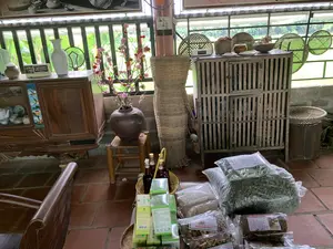 Bối cảnh là một không gian trong nhà hoặc hiên nhà ở vùng nông thôn, có sàn lát gạch đỏ. Ở phía trước, nhiều loại đặc sản địa phương được bày bán, bao gồm các gói trà thảo dược và nông sản khô. Có thể đọc được nhãn trên các sản phẩm như: "TRÀ RAU MÁ", "MƯỚP ĐẮNG RỪNG", "TRÀ SƠN MẬT HỒNG SÂM". Nhãn trên gói "TRÀ SƠN MẬT HỒNG SÂM" ghi công dụng: "mát gan, giải độc, trị viêm gan, sơ gan, điều trị viêm gan B, giúp tiêu hóa tốt, chữa mất ngủ, nội tiết kém, tiêu mỡ làm ổn định huyết áp". Cách dùng: "Lấy 50gr Trà rửa sạch sau đó cho vào 1 lít nước đun sôi". Ngoài ra còn có các chai chất lỏng màu sẫm, có thể là rượu hoặc mật ong, đặt trong giỏ.。Trong phòng có các đồ vật mang nét truyền thống như một chiếc tủ gỗ đựng bộ ấm chén, một chiếc tủ chạn gỗ, và các dụng cụ đan bằng tre như cái nơm (dụng cụ bắt cá), rổ, rá. Một cành hoa đào giả màu hồng được cắm trong bình gốm lớn, trang trí bằng những chiếc đèn lồng đỏ nhỏ, tạo không khí ngày Tết. Trên chiếc tủ gỗ bên trái có một chiếc đài radio kiểu cũ và một lọ hoa sứ trắng. Nhìn qua lan can gỗ, có thể thấy một khu vườn xanh tươi với cây cối.。（日本語訳）。背景は、田舎の家の中または軒先の空間で、床は赤いタイル張りです。手前には、ハーブティーのパックや乾燥農産物など、多くの地元の特産品が並べられています。製品のラベルには、「TRÀ RAU MÁ」（ツボクサ茶）、「MƯỚP ĐẮNG RỪNG」（森のゴーヤ）、「TRÀ SƠN MẬT HỒNG SÂM」（ソンマット・ホンサム茶）などと書かれているのが読み取れます。「TRÀ SƠN MẬT HỒNG SÂM」のパッケージのラベルには効能が記載されています：「肝臓を冷やし、解毒し、肝炎、肝硬変を治療し、B型肝炎を治療し、消化を助け、不眠症を治し、内分泌の不調を改善し、脂肪を燃焼させて血圧を安定させる」。使用方法：「お茶50gをきれいに洗い、その後1リットルの沸騰したお湯に入れる」。その他にも、お酒か蜂蜜と思われる暗い色の液体の入った瓶が、かごの中に置かれています。部屋の中には、茶器セットを収納する木製の棚、木製の食器棚、そしてノム（魚を捕る道具）、かご、ざるといった竹で編んだ道具など、伝統的な品々があります。ピンク色の桃の造花の枝が大きな陶器の花瓶に生けられ、小さな赤い提灯で飾られており、テト（旧正月）の雰囲気を醸し出しています。左側の木製の棚の上には、旧式のラジオが1台と白い磁器の花瓶が1つあります。木製の手すりの向こうには、木々が生い茂る緑豊かな庭が見えます。