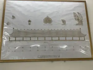 Trong nhà, trên một bức tường màu sáng, có treo một bản vẽ kiến trúc được đóng khung màu vàng. Đây là bản vẽ phục dựng một công trình kiến trúc nghệ thuật thời Lý - Trần (thế kỷ 11-14), được phát hiện tại Hoàng thành Thăng Long. Bản vẽ thể hiện mặt đứng của một tòa nhà dài với kết cấu cột gỗ và mái ngói cong. Phía trên mặt đứng là hình vẽ chi tiết các bộ phận trang trí trên mái như đầu đao và các con giống với hoa văn tinh xảo. Bên dưới là sơ đồ mặt bằng các cột trụ. Toàn bộ bản vẽ được in màu vàng nâu trên nền trắng.。Các dòng chữ trên bản vẽ được ghi lại như sau:。- 'MẶT ĐỨNG TRỤC 1-12 - Vertical plan 1-12'。- 'BẢN VẼ PHỤC DỰNG KIẾN TRÚC NGHỆ THUẬT LÝ - TRẦN (TK 11 - 14)'。- 'TRONG HOÀNG THÀNH THĂNG LONG (PHÁT HIỆN TẠI SỐ 18 - HOÀNG DIỆU - BA ĐÌNH - HÀ NỘI)'。（日本語訳）。家の中、明るい色の壁に、黄色い額縁に入れられた一枚の建築図面が掛かっている。これは、タンロン皇城で発見された、李・陳朝時代（11-14世紀）の芸術建築物の復元図である。図面は、木の柱の構造と反りのある瓦屋根を持つ長い建物の立面図を示している。立面図の上には、刀の先端のような装飾（đầu đao）や精巧な文様を持つ動物の像（con giống）など、屋根の装飾部分の詳細な図がある。下には、各柱の配置図がある。図面全体は、白い背景の上に黄褐色で印刷されている。図面上の文字は以下の通りである：。- 「立面図 軸1-12 - Vertical plan 1-12」。- 「李・陳朝（11-14世紀）芸術建築復元図」。- 「タンロン皇城内（ハノイ市バーディン区ホアンジエウ通り18番地にて発見）」