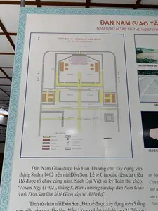 Bức ảnh chụp một bảng thông tin chi tiết về di tích lịch sử Đàn Nam Giao. Bảng thông tin này được trưng bày trong nhà, có thể tại một bảo tàng hoặc khu trưng bày của di tích.。1. **Chữ viết được ghi lại:**。*   Tiêu đề chính: 'ĐÀN NAM GIAO TÂY ĐÔ', 'SƠ ĐỒ CẤU TRÚC ĐÀN NAM GIAO', 'NÚI ĐÚN'.。*   Văn bản mô tả lịch sử: 'Đàn Nam Giao được Hồ Hán Thương cho xây dựng vào tháng 8 năm 1402 trên núi Đốn Sơn. Lễ tế Giao đầu tiên của triều Hồ được tổ chức cùng năm. Sách Đại Việt sử ký Toàn thư chép: “Nhâm Ngọ (1402), tháng 8, Hán Thương sai đắp đàn Nam Giao ở núi Đốn Sơn làm lễ tế Giao, đại xả thiên hạ”. Tính từ chân núi Đốn Sơn, Đàn tế được xây dựng trên 5 tầng nền giật cấp cao dần lên: Nền 1 (cao nhất) với độ cao 21,70m so...'。*   Chú thích bản đồ ('CHÚ THÍCH'): Đường đi, Nền kiến trúc, Tường đá, Nền đàn trung tâm, Dấu vết sân, Viên đàn, Cối cửa phát hiện được, Cối cửa bị mất, Cống thoát nước, Dấu vết gạch lát nền.。*   Các nhãn trên bản đồ: 'TA LUY', 'Sân lát gạch', 'Đường lát đá', 'Cổng gạch', 'Cối cửa'.。*   Chú thích ảnh phụ: 'TOÀN CẢNH ĐÀN NAM GIAO', 'GIẾNG...', 'NGÓI ĐẦU...'.。2. **Mô tả cảnh vật và hoạt động:**。*   **Loại địa điểm:** Đây là một bảng thông tin, có khả năng được đặt tại một khu di tích lịch sử hoặc bảo tàng liên quan đến Thành nhà Hồ ở Thanh Hóa.。*   **Vật thể:** Bảng thông tin này trình bày một sơ đồ cấu trúc của Đàn Nam Giao, một công trình kiến trúc cổ dùng để tế trời đất. Sơ đồ cho thấy các lớp nền, tường bao ('Ta Luy'), đường đi và các công trình phụ. Ngoài ra còn có các hình ảnh chụp thực địa của di tích, bao gồm toàn cảnh nền móng và một số hiện vật khảo cổ như ngói.。*   **Hoạt động:** Bảng thông tin đang thực hiện chức năng cung cấp kiến thức lịch sử và khảo cổ học cho người xem về Đàn Nam Giao thời nhà Hồ.。（日本語訳）。写真は、史跡である南郊壇（ダン・ナム・ジャオ）に関する詳細な案内板を撮影したものです。この案内板は屋内に展示されており、博物館または遺跡の展示エリアにある可能性があります。1. **記載されている文字：**。*   主な見出し：「西都南郊壇（ĐÀN NAM GIAO TÂY ĐÔ）」、「南郊壇の構造図（SƠ ĐỒ CẤU TRÚC ĐÀN NAM GIAO）」、「ドゥン山（NÚI ĐÚN）」。*   歴史を説明する文章：「南郊壇は1402年8月に胡漢蒼（ホー・ハン・トゥオン）によってドゥンソン山に建設された。胡朝最初の郊祀（こうし）の儀式は同年に執り行われた。『大越史記全書』には次のように記されている。「壬午（1402年）、8月、漢蒼はドゥンソン山に南郊壇を築かせ、郊祀の儀式を行い、天下に大赦を行った」。ドゥンソン山の麓から数えると、祭壇は5層の基壇が段々に高くなるように建設されている。第1壇（最高壇）は標高21.70mで…」。*   地図の凡例（「凡例（CHÚ THÍCH）」）：通路、建築基壇、石垣、中央祭壇基壇、庭の痕跡、円壇、発見された門の礎石、失われた門の礎石、排水溝、敷き煉瓦の痕跡。*   地図上のラベル：「擁壁（TA LUY）」、「煉瓦敷きの庭」、「石畳の道」、「煉瓦の門」、「門の礎石」。*   補足写真のキャプション：「南郊壇の全景（TOÀN CẢNH ĐÀN NAM GIAO）」、「井戸…（GIẾNG...）」、「瓦の先端…（NGÓI ĐẦU...）」。2. **風景と活動の説明：**。*   **物体：** この案内板は、天地を祀るために使用された古代建築物である南郊壇の構造図を示している。図には、各層の基壇、擁壁（「Ta Luy」）、通路、および付属施設が示されている。さらに、基礎の全景や瓦などの考古学的遺物を含む、遺跡の現地で撮影された写真もある。*   **活動：** 案内板は、胡朝時代の南郊壇に関する歴史的および考古学的な知識を閲覧者に提供する機能を果たしている。