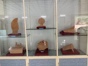 Bên trong một bảo tàng hoặc phòng trưng bày, các hiện vật khảo cổ bằng đất nung được trưng bày trong một tủ kính lớn có khung kim loại và nhiều kệ kính. Các hiện vật bao gồm các mảnh trang trí kiến trúc và tượng gốm. Ở kệ trên, có một mảnh trang trí hình lá bồ đề, một mảnh trang trí thẳng đứng có chạm khắc hình rồng, và một mảnh ngói lợp mái. Ở kệ dưới, có một tượng chim đặt trên một viên ngói ống, một đầu linh thú trang trí, và một đầu đao trang trí mái. Tất cả các hiện vật đều được đặt trên các bệ trưng bày được bọc vải đỏ. Phía trước một số hiện vật có các bảng chú thích nhỏ màu xanh lam, nhưng chữ viết trên đó không thể đọc được do quá mờ. Phản chiếu trên mặt kính cho thấy trần nhà có ô vuông và một phần không gian bên ngoài với cây cối.。（日本語訳）。博物館または展示室の内部で、テラコッタ製の考古学的遺物が、金属フレームと多くのガラス棚がある大きなガラスケースの中に展示されている。遺物には、建築装飾の破片や陶製の像が含まれる。上の棚には、菩提樹の葉の形をした装飾片、龍の彫刻が施された垂直の装飾片、そして屋根瓦の破片がある。下の棚には、丸瓦の上に置かれた鳥の像、装飾的な神獣の頭、そして屋根を飾る棟飾りがある。いくつかの遺物の前には小さな青い解説板があるが、そこに書かれた文字は不鮮明すぎて読むことができない。ガラス面の反射には、格子状の天井と木々のある外部の空間の一部が映っている。
