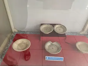 Bối cảnh là một bảo tàng hoặc phòng trưng bày. Bên trong một tủ kính, có nhiều chiếc đĩa gốm sứ cổ đang được trưng bày trên bục phủ vải đỏ. Những chiếc đĩa này có men màu trắng ngà và được trang trí bằng các hoa văn màu xanh lam. Một trong số các chiếc đĩa bị vỡ một mảnh. Có một bảng chú thích nhỏ màu xanh lam cung cấp thông tin về các hiện vật, trên đó ghi: "Đĩa men, gốm thế kỷ 15 - 16". Phản chiếu trên bề mặt kính của tủ trưng bày có hình ảnh bàn chân của người chụp ảnh.。（日本語訳）。背景は博物館または展示室です。ガラスケースの中、赤い布で覆われた台座の上に、多くの古い陶磁器の皿が展示されています。これらの皿は象牙色の釉薬がかかっており、青色の模様で装飾されています。皿のうちの一枚は、一片が欠けています。展示物に関する情報を提供する小さな青色の解説板があり、そこには「釉薬皿、15～16世紀陶器」と書かれています。展示ケースのガラスの表面には、撮影者の足が反射して映っています。