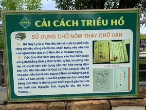Bức ảnh chụp một tấm bảng thông tin lớn, có khung viền hoa văn, được đặt ngoài trời trên một bức tường gạch. Tấm bảng có nền màu xanh lá cây và phần nội dung chính màu trắng. Phía trên cùng có logo của 'THE HO CITADEL - THÀNH NHÀ HỒ - DI SẢN VĂN HÓA THẾ GIỚI'.。Tiêu đề lớn trên bảng là 'CẢI CÁCH TRIỀU HỒ', với tiêu đề phụ 'SỬ DỤNG CHỮ NÔM THAY CHỮ HÁN'.。Nội dung văn bản trên bảng được ghi lại đầy đủ như sau:。'Hồ Quý Ly là vị Vua đầu tiên ở nước ta phổ biến rộng rãi việc dùng chữ Nôm, chấn hưng nền văn hóa của người Việt, đưa chữ Nôm lên vị trí quan trọng.。Việc đưa chữ Nôm ứng dụng vào thực tiễn cuộc sống đã khẳng định ý thức tự tôn, tự lực, tự cường dân tộc và quyết tâm xây dựng nền văn hóa mang đậm bản sắc dân tộc của Hồ Quý Ly. Đây cũng là tiền đề cho các triều đại về sau đưa chữ Nôm sử dụng và phát triển. Về sau, có rất nhiều tác phẩm văn học sáng tác bằng chữ Nôm ra đời và phát triển rực rỡ gắn liền với tên tuổi của Nguyễn Trãi, Nguyễn Du, Hồ Xuân Hương,...'。Bên phải bảng có các hình ảnh minh họa về 'CHỮ NÔM', bao gồm các trang sách và văn bản cổ. Có thể nhận diện một số tựa sách như '柴山詩錄' (Sài Sơn Thi Lục), '佳人遺墨 GIAI-NHÂN DI-MẶC (Sự-tích và thơ-từ Xuân-Hương)', và '翠翹傳詳註' (Thúy Kiều Truyện Tường Chú). Tấm bảng này cung cấp thông tin lịch sử cho khách tham quan tại di tích Thành nhà Hồ.。（日本語訳）。写真は、レンガの壁の上に屋外に設置された、模様のある縁取りの大きな案内板を写している。その案内板は緑色の背景で、主要な内容部分は白色である。最上部には「THE HO CITADEL - THÀNH NHÀ HỒ - DI SẢN VĂN HÓA THẾ GIỚI（胡朝の城 - 世界文化遺産）」のロゴがある。板の大きな見出しは「CẢI CÁCH TRIỀU HỒ（胡朝の改革）」で、副題は「SỬ DỤNG CHỮ NÔM THAY CHỮ HÁN（漢字に代わるチュノムの使用）」である。板に書かれた文章の内容は、以下の通り完全に記録されている。「胡季犛は、我が国で初めてチュノムの使用を広範囲に普及させ、ベトナム人の文化を振興し、チュノムを重要な位置に引き上げた王である。チュノムを実生活に応用することは、胡季犛の民族自尊、自立、自強の意識と、民族のアイデンティティを色濃く反映した文化を築くという決意を確固たるものにした。これはまた、後の王朝がチュノムを使用し発展させるための前提ともなった。後に、阮廌、阮攸、胡春香などの名と結びつき、チュノムで創作された多くの文学作品が生まれ、華々しく発展した。」。板の右側には「CHỮ NÔM（チュノム）」に関する図解があり、古い書物のページや文書が含まれている。「柴山詩錄」（Sài Sơn Thi Lục）、「佳人遺墨 GIAI-NHÂN DI-MẶC（Sự-tích và thơ-từ Xuân-Hương：春香の事跡と詩詞）」、「翠翹傳詳註」（Thúy Kiều Truyện Tường Chú）などの書名をいくつか識別できる。この案内板は、胡朝の城の遺跡を訪れる観光客に歴史情報を提供している。