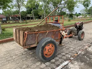 Bối cảnh là một không gian ngoài trời, có thể là một công viên hoặc khu vực đang được thi công cảnh quan. Một người đàn ông đội nón cối đang lái một chiếc xe công nông (máy cày tay) có gắn rơ-moóc phía sau. Thùng rơ-moóc màu cam chứa đầy đất. Hoạt động đang diễn ra là vận chuyển đất, có thể để phục vụ cho việc làm vườn hoặc xây dựng. Xung quanh là lối đi được lát gạch, các bãi cỏ và nhiều cây xanh. Ở phía sau, có một tấm biển hiệu màu đỏ chữ trắng, có thể đọc được một phần chữ "... THANH", và một bức tượng hình con voi.。（日本語訳）。背景は屋外の空間で、公園か、あるいは景観工事中のエリアかもしれません。ノンコイをかぶった男性が、後ろにリヤカーを取り付けた耕運機（手押しトラクター）を運転しています。オレンジ色のリヤカーの荷台は土で満たされています。行われている活動は土の運搬で、造園または建設に役立てるためかもしれません。周りには煉瓦で舗装された通路、芝生の広場、そして多くの緑の木々があります。後方には、赤地に白文字の看板があり、「... THANH」という文字の一部が読み取れ、そして象の形の像があります。