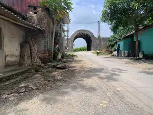 Trên bức tường của ngôi nhà bên trái có dòng chữ quảng cáo taxi màu đỏ: 'TAXI CẨM BẢO 0972 693 378' và một số thông tin khác khó đọc rõ. Bối cảnh là một con đường làng ở vùng nông thôn, dẫn đến một cổng thành cổ bằng đá rất lớn. Công trình kiến trúc này là một cổng vòm, có khả năng là một phần của di tích lịch sử Thành nhà Hồ ở Thanh Hóa. Con đường không được trải nhựa, chủ yếu là đất và sỏi đá. Hai bên đường là nhà dân. Ngôi nhà bên trái xây bằng gạch mộc đã cũ, mái lợp tôn, tường có rêu bám. Dựa vào tường là những bó thân cây khô, có thể là thân ngô. Gần đó có một cây đu đủ đang ra quả. Ngôi nhà bên phải được sơn màu xanh ngọc. Một người phụ nữ đội mũ đang đứng bên lề đường cạnh một vài bao tải lớn. Gần cổng thành có một chiếc xe cút kít. Cây cối như cây xoài và các loại cây khác mọc um tùm, tạo bóng mát cho con đường. Khung cảnh chung cho thấy một cuộc sống bình dị ở một làng quê Việt Nam.。（日本語訳）。左側の家の壁には、「TAXI CẨM BẢO 0972 693 378」という赤いタクシーの広告の文字と、その他いくつかの読み取りにくい情報があります。背景は田舎の村の道で、非常に大きな石造りの古い城門へと続いています。この建築物はアーチ型の門で、タインホア省にある胡朝の城塞の史跡の一部である可能性があります。道は舗装されておらず、主に土と砂利です。道の両側には民家があります。左側の家は古いむき出しのレンガで建てられ、屋根はトタンで葺かれ、壁には苔が生えています。壁に立てかけられているのは乾いた植物の茎の束で、とうもろこしの茎かもしれません。その近くには、実をつけているパパイヤの木があります。右側の家は青緑色に塗られています。帽子をかぶった女性が、いくつかの大きな袋の隣の道端に立っています。城門の近くには手押し車が一台あります。マンゴーの木やその他の木々が鬱蒼と茂り、道に木陰を作っています。全体的な風景は、ベトナムの田舎の村での素朴な生活を示しています。