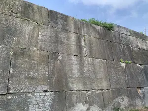 Hình ảnh chụp cận cảnh một bức tường đá cổ, có khả năng là một phần của một công trình kiến trúc lịch sử như Thành nhà Hồ. Bức tường được xây dựng từ những khối đá lớn, hình chữ nhật, xếp chồng lên nhau. Bề mặt đá đã bị phong hóa theo thời gian, có màu xám và xuất hiện các vết loang lổ. Cỏ dại và các loại cây nhỏ mọc ra từ các kẽ hở giữa các phiến đá và trên đỉnh tường. Phía trên bức tường là bầu trời xanh với một vài gợn mây. Không có hoạt động nào của con người diễn ra, và không có bất kỳ chữ viết hay ký hiệu nào có thể nhận dạng được trên tường.。（日本語訳）。古い石壁のクローズアップ写真で、胡朝の城塞のような歴史的建造物の一部である可能性があります。壁は、積み重ねられた大きな長方形の石のブロックから建てられています。石の表面は時間の経過とともに風化しており、灰色で、まだら模様が現れています。雑草や小さな植物が、石板の間の隙間や壁の上から生えています。壁の上には、いくつかの筋雲がある青空が広がっています。人間の活動は見られず、壁には識別できる文字や記号は一切ありません。