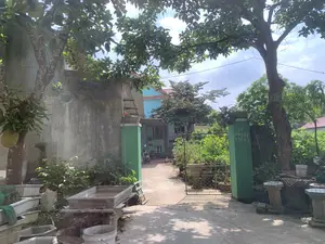 Trên trụ cổng bên phải có ghi dòng chữ bằng phấn trắng: 'ĐT 03586 33191'. Đây là quang cảnh lối vào một ngôi nhà ở vùng nông thôn. Một lối đi bằng bê tông dẫn qua chiếc cổng sơn màu xanh lá cây để vào sân. Phía sau cánh cổng là một ngôi nhà được sơn màu xanh lam, trong sân có một chiếc xe máy đang đỗ và một em bé đang ngồi chơi trên nền sân. Xung quanh có rất nhiều cây cối, nổi bật là một cây cổ thụ lớn tỏa bóng mát ở tiền cảnh và một cây mít có quả ở bên trái. Bên ngoài và bên trong cổng có rất nhiều chậu và đôn xi măng dùng để trồng cây cảnh. Một chiếc lồng chim được treo trên trụ cổng bên trái.。（日本語訳）。右側の門柱には、白いチョークで「電話 03586 33191」と書かれている。これは、ある田舎の家への入り口の光景である。コンクリートの通路が、緑色に塗られた門を通り、庭へと続いている。門の後ろには青色に塗られた家があり、庭にはバイクが1台停まっていて、赤ん坊が庭の地面に座って遊んでいる。周囲にはたくさんの木々があり、特に前景には涼しい木陰を作る大きな古木が、左側には実のなるパラミツの木が目立っている。左側の門柱には鳥かごが吊るされている。