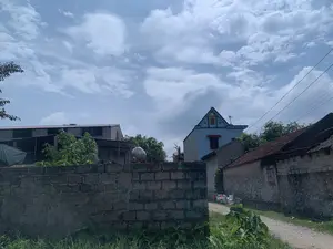 Quang cảnh một con ngõ nhỏ ở vùng nông thôn. Nổi bật ở phía xa là một ngôi nhà hai tầng sơn màu xanh lam với phần mái hình tam giác được trang trí họa tiết. Bên phải là một ngôi nhà cấp bốn cũ hơn, lợp ngói, tường gạch đã cũ. Ở phía trước là một bức tường xây bằng gạch xi măng, phía sau có một bồn chứa nước lớn bằng inox. Một con đường đất nhỏ chạy dọc bên phải, ven đường có một vài bao tải. Xung quanh có nhiều cây cối xanh tươi. Bầu trời trong xanh và có nhiều mây. Không có hoạt động nào của con người được ghi lại trong ảnh.。（日本語訳）。田舎の小さな路地の光景。遠くに目立っているのは、模様で装飾された三角形の屋根を持つ、水色に塗られた二階建ての家です。右側には、瓦葺きで、レンガの壁が古くなった、より古い平屋の家があります。手前にはセメントブロックで造られた壁があり、その後ろにはステンレス製の大きな貯水タンクがあります。右側に沿って小さな未舗装の道が伸びており、道端にはいくつかの袋が置かれています。周りには青々とした木々がたくさんあります。空は青く澄んでおり、雲が多いです。写真には人間の活動は記録されていません。