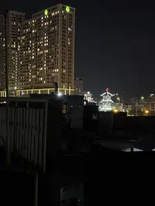 Bức ảnh chụp cảnh quan thành phố về đêm. Nổi bật ở phía sau là một tòa nhà chung cư cao tầng, hiện đại với nhiều cửa sổ sáng đèn, trên nóc có logo màu xanh lá cây đang phát sáng. Ở giữa, một công trình kiến trúc mang phong cách truyền thống được chiếu sáng rực rỡ, có mái nhiều tầng và một cây thánh giá màu đỏ trên đỉnh. Xung quanh là các tòa nhà thấp hơn và ánh đèn đường le lói. Tiền cảnh là phần mái nhà tối của các ngôi nhà khác và một hàng rào.。（日本語訳）。夜の都市景観を写した写真です。後方で際立っているのは、多くの窓が明るく灯る近代的な高層マンションで、屋上には緑色に光るロゴがあります。中央では、伝統的な様式の建築物が見事にライトアップされており、多層の屋根とその頂上には赤い十字架があります。周囲には、より低い建物と、かすかに光る街灯があります。前景は、他の家々の暗い屋根の部分と柵です。