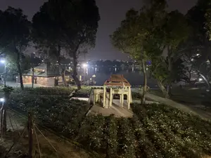 Bức ảnh chụp cảnh đêm tại một công viên ven hồ. Ở phía trước là một vườn hoa rộng lớn với nhiều bông hoa màu trắng đang nở rộ. Giữa vườn hoa có một công trình kiến trúc nhỏ màu trắng, có cầu thang dẫn lên trên, trông giống như một vọng lâu. Xung quanh là những cây cổ thụ cao lớn. Bên trái có một tòa nhà gạch được chiếu sáng ấm áp. Phía sau là mặt hồ phẳng lặng, phản chiếu ánh đèn từ các tòa nhà và đèn đường ở bờ bên kia, tạo nên một khung cảnh lung linh và yên bình.。（日本語訳）。湖畔の公園で撮られた夜景の写真。手前には、白い花がたくさん咲き誇る広大な花畑があります。花畑の中央には、上へと続く階段がある、望楼のような小さな白い建造物があります。周りには背の高い古木があります。左側には、暖かく照らされたレンガ造りの建物があります。後方には穏やかな湖面が広がり、対岸の建物や街灯の光を反射して、きらびやかで平穏な光景を作り出しています。