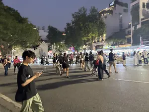 Bức ảnh chụp cảnh một con phố đi bộ nhộn nhịp vào ban đêm. Rất đông người đang đi dạo trên đường, bao gồm các bạn trẻ, gia đình có trẻ nhỏ và các cặp đôi. Ở phía trước, một chàng trai trẻ mặc áo phông đen và quần màu xanh lá cây đang vừa đi vừa nhìn vào điện thoại. Phía sau là dòng người tấp nập qua lại, có người đẩy xe nôi em bé. Hai bên đường là các tòa nhà, cây cối và các cửa hàng được chiếu sáng, tạo nên một không khí sôi động của thành phố về đêm.。（日本語訳）。夜の賑やかな歩行者天国の風景を撮った写真です。若者、小さな子供連れの家族、カップルなど、非常に多くの人々が通りを散策しています。手前には、黒いTシャツと緑色のズボンを履いた若い男性が、歩きながらスマートフォンを見ています。後方には、行き交う人々でごった返しており、ベビーカーを押している人もいます。通りの両側には、ライトアップされた建物、木々、店舗があり、夜の街の活気ある雰囲気を醸し出しています。