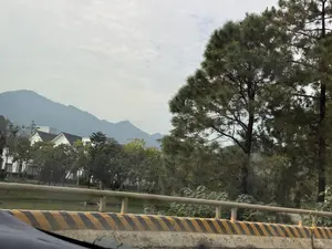 Bức ảnh chụp một khung cảnh thiên nhiên nhìn từ bên trong một chiếc xe. Ở phía trước là một dải phân cách bê tông có các vạch sọc chéo màu vàng và đen, phía trên là lan can bằng kim loại. Bên kia lan can là một hồ nước nhỏ và bờ cỏ xanh. Xa hơn một chút là những ngôi nhà kiểu biệt thự màu trắng với mái sẫm màu, nằm giữa những hàng cây xanh tươi tốt. Một cây thông lớn, um tùm chiếm phần lớn phía bên phải của bức ảnh. Trong hậu cảnh, một dãy núi hùng vĩ hiện ra mờ ảo dưới bầu trời u ám, đầy mây.。（日本語訳）。車内から見た自然の風景を写した写真です。手前には、黄色と黒の斜線が入ったコンクリートの中央分離帯があり、その上には金属製の手すりがあります。手すりの向こう側には、小さな湖と緑の草の岸辺があります。少し先には、濃い色の屋根を持つ白い別荘風の家々が、青々とした木々の間に佇んでいます。大きく生い茂った松の木が、写真の右側の大部分を占めています。背景には、曇り空の下、雄大な山脈がぼんやりと現れています。