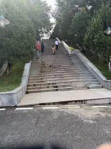 Bức ảnh chụp một cầu thang bộ bằng đá rộng và dài, dẫn lên cao. Hai bên cầu thang là hàng cây xanh um tùm. Một vài người đang đi bộ lên các bậc thang. Ở phía dưới, có một người đàn ông lớn tuổi mặc áo khoác màu đỏ, một người phụ nữ mặc đồ tối màu, một phụ nữ trẻ mặc đồ màu be, và một người đàn ông mặc áo phông trắng. Phía trên cao hơn cũng có những người khác đang đi lên. Các bậc thang trông cũ và có vài chỗ bị ướt. Dưới chân cầu thang là một con đường nhựa.。（日本語訳）。写真には、上へと続く、広くて長い石の階段が写っている。階段の両側には、青々と茂る木々が並んでいる。何人かの人々が階段を歩いて上っている。下の方には、赤い上着を着た年配の男性、暗い色の服を着た女性、ベージュ色の服を着た若い女性、そして白いTシャツを着た男性がいる。さらに上の方にも、上っている他の人々がいる。階段は古びて見え、いくつかの箇所が濡れている。階段の下には、アスファルトの道がある。
