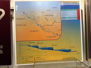 SƠ ĐỒ KHAI THÁC, PHÒNG LŨ CỦA BẬC THANG THỦY ĐIỆN SÔNG ĐÀ。TRUNG QUỐC。VIỆT NAM。LÀO CAI。THỦY ĐIỆN TUYÊN QUANG。SÔNG HỒNG。TUYÊN QUANG。THỦY ĐIỆN THÁC BÀ。VIỆT TRÌ。HÒA BÌNH。THỦY ĐIỆN HÒA BÌNH。SÔNG ĐÀ。SƠN LA。THỦY ĐIỆN SƠN LA。LAI CHÂU。THỦY ĐIỆN LAI CHÂU。THỦY ĐIỆN PẮC MA。STT THÔNG SỐ ĐƠN VỊ PẮC MA LAI CHÂU SƠN LA HÒA BÌNH。I HỒ CHỨA。DIỆN TÍCH HỒ CHỨA (ỨNG VỚI MNDBT) Km² 2.1 38.6 224.3 198.3。CHIỀU DÀI HỒ CHỨA Km 24.8 78.2 175.6 200.1。MỰC NƯỚC DÂNG BÌNH THƯỜNG m 315.0 295.0 215.0 117.0。MỰC NƯỚC CHẾT m 312.0 265.0 175.0 80.0。MỰC NƯỚC TRƯỚC LŨ SỚM m 200.0 105.0。MỰC NƯỚC TRƯỚC LŨ CHÍNH VỤ m 197.3 101.0。DUNG TÍCH TOÀN BỘ 10⁶ m³ 18.7 1215.1 9260.0 9862.0。DUNG TÍCH CHẾT 10⁶ m³ 13.0 415.4 2756.4 1800.0。DUNG TÍCH PHÒNG LŨ 10⁶ m³ 4000.0 3000.0。II CÔNG TRÌNH。CAO TRÌNH ĐỈNH ĐẬP m 322.1 303.0 228.1 123.0。CAO TRÌNH ĐÁY ĐẬP m 276.0 166.0 92.0 5.0。H(M)。BIÊN GIỚI = 317,4M。ĐẬP PẮC MA。MNDBT=315,0M。L=24,8KM。ĐẬP LAI CHÂU。MNDBT=295,0M。MNC=265,0M。L=78,1KM。ĐẬP SƠN LA。MNDBT=215,0M。MNC=175,0M。L=175,6KM。ĐẬP HÒA BÌNH。MNDBT=117,0M。MNC=80,0M。MNHL=17,5M。L=200,1KM。L(KM)。CHÚ THÍCH。: HỒ CHỨA。: SÔNG SUỐI。: VỊ TRÍ TUYẾN CÔNG TRÌNH。: ĐẬP BÊ TÔNG。: ĐẬP VẬT LIỆU ĐỊA PHƯƠNG。TẬP ĐOÀN ĐIỆN LỰC VIỆT NAM。（日本語訳）。ダー川水力発電カスケードの開発・洪水防止図。中国。ベトナム。ラオカイ。トゥエンクアン水力発電所。ホン川。トゥエンクアン。タックバー水力発電所。ヴィエットチー。ホアビン。ホアビン水力発電所。ダー川。ソンラ。ソンラ水力発電所。ライチャウ。ライチャウ水力発電所。パックマー水力発電所。No. パラメータ 単位 パックマー ライチャウ ソンラ ホアビン。I 貯水池。貯水池面積（通常湛水水位時） km² 2.1 38.6 224.3 198.3。貯水池の長さ km 24.8 78.2 175.6 200.1。通常湛水水位 m 315.0 295.0 215.0 117.0。死水位 m 312.0 265.0 175.0 80.0。早期洪水期前水位 m 200.0 105.0。主洪水期前水位 m 197.3 101.0。総貯水容量 10⁶ m³ 18.7 1215.1 9260.0 9862.0。死水容量 10⁶ m³ 13.0 415.4 2756.4 1800.0。洪水調節容量 10⁶ m³ 4000.0 3000.0。II 構造物。ダム天端標高 m 322.1 303.0 228.1 123.0。ダム基礎標高 m 276.0 166.0 92.0 5.0。H(M)。国境 = 317.4M。パックマーダム。通常湛水水位=315.0M。L=24.8KM。ライチャウダム。通常湛水水位=295.0M。死水位=265.0M。L=78.1KM。ソンラダム。通常湛水水位=215.0M。死水位=175.0M。L=175.6KM。ホアビンダム。通常湛水水位=117.0M。死水位=80.0M。MNHL=17.5M。L=200.1KM。L(KM)。凡例。: 貯水池。: 河川。: 構造物軸位置。: コンクリートダム。: 現地材料ダム。ベトナム電力グループ