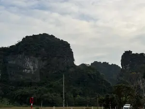 Bức ảnh chụp một khung cảnh thiên nhiên hùng vĩ với những ngọn núi đá vôi cao lớn, sừng sững được bao phủ bởi cây cối xanh tươi. Bầu trời u ám, có nhiều mây trắng và xám. Ở phía trước, có những cột điện và đường dây điện chạy ngang qua. Dưới chân núi là cây cối rậm rạp. Ở góc dưới bên phải có một chiếc ô tô màu trắng và một biển báo giao thông màu đỏ trắng báo hiệu khúc cua.。（日本語訳）。写真は、青々とした木々に覆われた、高くそびえ立つ雄大な石灰岩の山々がある自然風景を写しています。空は曇っており、白と灰色の雲が多くあります。手前には、電柱と電線が横切っています。山の麓は木々が鬱蒼としています。右下隅には、白い車一台と、カーブを知らせる赤と白の交通標識があります。