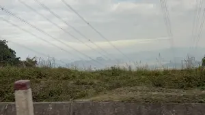 Phong cảnh vùng núi được chụp vào một ngày trời nhiều mây. Bầu trời có màu xám nhạt. Nhiều đường dây điện cao thế chạy song song, vắt ngang qua khung hình. Ở phía trước là một bờ đất ven đường với cỏ dại và cây bụi mọc um tùm. Phía dưới là một hàng rào bê tông và một cột mốc. Ở phía xa, những dãy núi trập trùng ẩn hiện trong sương mù.。（日本語訳）。山岳地帯の風景は曇りの日に撮影された。空は薄い灰色をしている。多くの高圧電線が平行に走り、フレームを横切っている。手前には、雑草や低木が生い茂る道端の土手がある。その下にはコンクリートの柵と標識柱がある。遠くには、幾重にも連なる山々が霧の中に現れたり隠れたりしている。