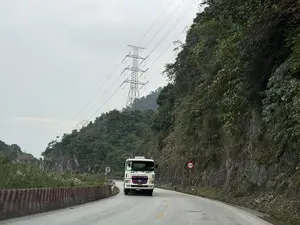 Một chiếc xe tải màu trắng hiệu Hyundai đang di chuyển trên một con đường đèo núi. Con đường nhựa trông ẩm ướt, uốn lượn với một dải phân cách bê tông ở bên trái. Bên phải là một sườn núi dốc, có nhiều cây cối và thảm thực vật xanh um. Phía xa, một cột điện cao thế lớn vươn lên trên sườn núi. Bầu trời u ám và có màu xám. Có một vài biển báo giao thông được cắm bên lề đường, trong đó có biển báo cấm vượt.。（日本語訳）。一台の白いヒュンダイ製トラックが、山の峠道を走行している。アスファルトの道は湿っているように見え、曲がりくねっており、左側にはコンクリートの中央分離帯がある。右側は急な山の斜面で、多くの木々と青々とした植生がある。遠くには、山の斜面の上に大きな高圧電線の鉄塔がそびえ立っている。空は曇っており、灰色である。道端にはいくつかの交通標識が設置されており、その中には追い越し禁止の標識も含まれている。