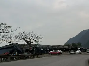 Bức ảnh chụp một khung cảnh ven đường ở một vùng núi. Bầu trời u ám và đầy mây. Dọc theo con đường là một dãy các quán ăn, cửa hàng tạm bợ, lụp xụp. Phía trước các quán có một vài chiếc ô tô đang đỗ, bao gồm một chiếc màu đỏ và vài chiếc màu trắng, cùng một số xe máy. Có khói bốc lên từ một gian hàng. Một lá cờ Việt Nam được cắm ở một quán. Ở bên trái có những cây to đã trụi lá. Phía sau là một ngọn núi lớn được bao phủ bởi cây xanh.。（日本語訳）。写真は、ある山間部の道端の風景を写している。空はどんよりとしており、雲に覆われている。道沿いには、食堂や、粗末でみすぼらしい仮設の店が並んでいる。店の前には、赤い車1台と白い車数台を含む数台の車と、数台のバイクが停まっている。ある屋台から煙が立ち上っている。左側には、葉が落ちてしまった大きな木々がある。後方には、緑の木々に覆われた大きな山がある。