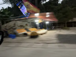 Bức ảnh bị mờ do chụp trong lúc di chuyển, ghi lại cảnh một khu vực ven đường vào buổi tối. Dưới một mái che có đèn sáng, nhiều hàng hóa màu vàng được bày bán trên các tấm bạt trải trên mặt đất. Có một vài người đang ở trong khu vực bán hàng. Phía trên và phía sau là cây cối um tùm. Ở góc trên bên trái của bức ảnh, có hình ảnh phản chiếu của một màn hình điện thoại thông minh đang sáng. Toàn bộ khung cảnh bị nhòe do chuyển động.。（日本語訳）。写真は移動中に撮影されたためぼやけており、夜の道端の一角の光景を記録している。明るい照明のある屋根の下、多くの黄色い商品が地面に敷かれたシートの上に並べられている。売り場には数人の人がいる。上方と後方には木々が鬱蒼としている。写真の左上隅には、点灯しているスマートフォンの画面の反射像がある。全体の光景は動きによってブレている。