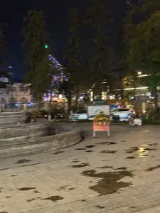 Bức ảnh chụp cảnh một quảng trường vào ban đêm, hình ảnh hơi mờ. Dưới đất là sân gạch có nhiều vũng nước. Bên trái là một đài phun nước lớn bằng đá. Ở phía sau, có những hàng cây cao và một cây thông lớn được trang trí bằng đèn nhiều màu sắc rực rỡ. Xa xa là các tòa nhà và xe cộ dưới ánh đèn đường.。（日本語訳）。夜の広場の風景を撮った写真で、画像は少しぼやけている。地面はレンガ敷きの広場で、多くの水たまりがある。左側には大きな石造りの噴水がある。後方には、高い木々の列と、色とりどりの鮮やかな電飾で飾られた大きな松の木がある。