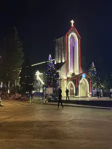 Bức ảnh chụp một nhà thờ đá vào ban đêm, được trang hoàng lộng lẫy bằng đèn neon. Các đường nét của nhà thờ được viền bằng đèn màu đỏ và vàng, với một cây thánh giá lớn màu tím nổi bật trên tháp chuông. Hai bên nhà thờ có hai cây thông Noel lớn được trang trí đèn nhiều màu sắc. Một vài người đang đi bộ trên con đường phía trước, trong không khí lễ hội.。（日本語訳）。写真は、夜、ネオンで豪華に飾られた石造りの教会を写しています。教会の輪郭は赤と黄色の電飾で縁取られ、鐘楼には大きな紫色の十字架が際立っています。教会の両側には、色とりどりの電飾で飾られた大きなクリスマスツリーが2本あります。正面の道では、お祭りの雰囲気の中、数人が歩いています。