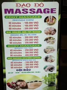 ĐẠO ĐỎ。FOOT MASSAGE。(MASSAGE CHÂN)。30 minutes : 100.000 VND。45 minutes : 160.000 VND。60 minutes : 200.000 VND。HEAD, SHOULDER, HAND, FOOT, MASSAGE。(MASSAGE ĐẦU, VAI, TAY, CHÂN)。45 minutes : 200.000 VND。60 minutes : 250.000 VND。90 minutes : 350.000 VND。BODY MASSAGE。(MASSAGE TOÀN THÂN)。45 minutes : 250.000 VND。60 minutes : 300.000 VND。90 minutes : 400.000 VND。BODY MASSAGE HOTSTONO CUPPING。(MASSAGE ĐÁ NÓNG & GIÁC HƠI)。45 minutes : 330.000 VND。60 minutes : 380.000 VND。90 minutes : 480.000 VND。GỘI ĐẦU。DẦU CẶP - 80.000 ( GỘI ĐẦU DƯỠNG SINH : 150.000 )。（日本語訳）。ダオドー。フットマッサージ。(フットマッサージ)。30分 : 100,000 VND。45分 : 160,000 VND。60分 : 200,000 VND。ヘッド、ショルダー、ハンド、フット、マッサージ。(ヘッド、ショルダー、ハンド、フットマッサージ)。45分 : 200,000 VND。60分 : 250,000 VND。90分 : 350,000 VND。ボディマッサージ。(全身マッサージ)。45分 : 250,000 VND。60分 : 300,000 VND。90分 : 400,000 VND。ボディマッサージ ホットストーン カッピング。(ホットストーンマッサージ＆カッピング)。45分 : 330,000 VND。60分 : 380,000 VND。90分 : 480,000 VND。シャンプー。シャンプー＆コンディショナー - 80,000 ( 養生シャンプー : 150,000 )