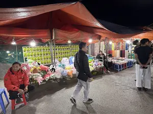 Đây là khung cảnh một khu chợ đêm. Các gian hàng được dựng dưới những tấm bạt lớn màu cam, được thắp sáng bởi những bóng đèn. Bên trái là một gian hàng trò chơi bắn bóng bay, với một bức tường treo đầy bóng bay màu xanh lá cây và rất nhiều thú nhồi bông được bày ra làm giải thưởng. Một người đàn ông mặc áo khoác đỏ đang ngồi trên một chiếc ghế nhựa. Ở giữa, một người đàn ông mặc áo khoác đen đang đi bộ. Bên phải là một gian hàng khác bán các loại vải nhiều màu sắc. Một vài người đang đứng xem và mua sắm.。（日本語訳）。これは夜市の光景です。各屋台は大きなオレンジ色のシートの下に建てられ、電球で照らされています。左側には風船射的の屋台があり、壁には緑色の風船がたくさん吊るされ、多くのぬいぐるみが景品として並べられています。赤いジャケットを着た男性がプラスチックの椅子に座っています。中央では、黒いジャケットを着た男性が歩いています。右側には、色とりどりの布地を売る別の屋台があります。何人かの人々が立って見たり、買い物をしたりしています。