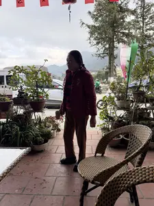 Một người phụ nữ trung niên đang đứng trên hiên nhà lát gạch đỏ, xung quanh có nhiều chậu cây cảnh. Bà mặc một chiếc áo khoác phao màu đỏ, quần dài họa tiết caro màu nâu và vàng, tay cầm một chiếc cốc. Phía sau là khung cảnh đường phố với cây cối, xe cộ và những ngọn núi ở phía xa. Trên cao có treo cờ Đảng và cờ Tổ quốc của Việt Nam.。（日本語訳）。中年の女性が赤いタイル敷きの家の軒先に立っており、周りには多くの観葉植物の鉢がある。彼女は赤いダウンジャケット、茶色と黄色のチェック柄の長ズボンを着用し、手にカップを持っている。後ろは木々、乗り物、そして遠くの山々がある街の風景である。