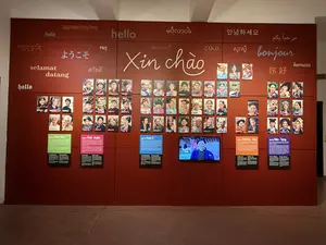 Xin chào。Ngũ hệ Nam Đảo。Ngữ hệ Thái - Kađai。Ngữ hệ Nam Á。Tây。Ngữ hệ Hmông - Dao。Ngữ hệ Hán - Tạng。（日本語訳）。こんにちは。オーストロネシア語族。タイ・カダイ語族。オーストロアジア語族。西。ミャオ・ヤオ語族。シナ・チベット語族