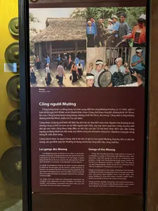 ムオン族の銅鑼一式は通常12個で構成され、音と音色が異なる3種類があります。それは、コン・ダム（母どらとも呼ばれる）、コン・ボン、コン・トレです。コン・ダムは合奏で重要な役割を果たし、通常はリズムを刻みます。一方、コン・ボンとコン・トレは旋律を奏でるために使われます。銅鑼は通常、男性によって演奏されます。演奏者は銅鑼を体の両脇に持ち、両側に吊るすこともできます。一人一個の銅鑼を持ち、左手で銅鑼の持ち手を握り、右手で持った桴（ばち）で銅鑼の中心を打ちます。銅鑼の楽団は演奏時に通常円形に並びます。両手を広げて銅鑼の面に当てると、響き渡る音はより深くなります。一部の地域では、銅鑼の外面も叩きます。さらに、銅鑼は時を告げるためにも使われます。そのため、銅鑼は非常に大きな役割を持ち、各家庭で大切にされています。人々はしばしば銅鑼を超自然的な存在と対話するための神聖な物と見なしています。人々はそれを用いて、自らの思い、感情、そして願いを表現します。「道を行く」の曲は別れの際の若者たちの名残惜しさを表現します。「ポーンに挨拶」の曲は、一年間の順調な天候を守ってくださった神々や祖先への感謝の気持ちを表します。「ダム・ドゥオン（杵つき）」は収穫の日の賑やかな音ですが、銅鑼で演奏されると、その音はより深く、情緒的になります。左手で銅鑼の音を止めながら、右手で銅鑼の中心を打ちます。左手で押さえたり離したりすることで、異なる音が出ます