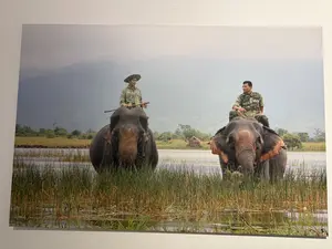 2人の男性がそれぞれ象に乗り、水辺にいる写真。文字は写っていない