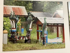 画像に文字はありません。孔雀を模したと思われる、カラフルに塗装された複数の木彫りの像が屋外に設置されています。背景にはトタン屋根の小屋と緑の木々が見えます