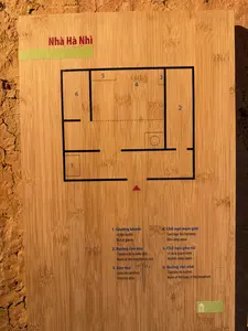 Nhà Hà Nhì。1. Giường khách。2. Buồng con dâu。3. Bàn thờ。4. Chỗ ngủ nam giới。5. Chỗ ngủ phụ nữ。6. Buồng chủ nhà。（日本語訳）。ハニ族の家。1. 客用の寝台。2. 嫁の部屋。3. 祭壇。4. 男性の寝場所。5. 女性の寝場所。6. 家主の部屋