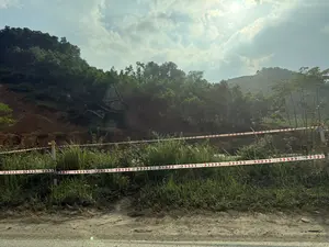 Bức ảnh chụp một khung cảnh ven đường ở khu vực đồi núi. Phía trước là lề đường đất và một dải cỏ dại mọc cao. Một sợi dây rào cảnh báo sọc đỏ trắng được căng ngang để ngăn cách khu vực. Phía sau hàng rào là một sườn đồi với cây cối xanh tươi, một phần của sườn đồi bị sạt lở để lộ ra đất đá màu nâu. Bầu trời có mây và ánh nắng mặt trời chiếu xuyên qua.。（日本語訳）。写真は山間部の道端の風景を撮影したものです。手前には土の路肩と、高く生い茂った雑草の帯があります。赤と白の縞模様の警告用の柵ロープが、区域を隔てるために水平に張られています。柵の後ろには緑豊かな木々が生い茂る丘の斜面があり、その一部が地滑りを起こして茶色い土砂が露出しています。空は曇っており、太陽の光が差し込んでいます。