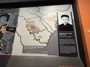 Phủ Lạng Thương。S.Thương。S.Cầu。BẮC NINH。HÀ NỘI。S.Đuống。HẢI DƯƠNG。Văn Lâm。Yên Mĩ。Mĩ Hào。S.Lục Nam。CĂN CỨ HAI SÔNG。Uông Bí。S.Văn Úc。Làng Mậu Thịnh。Văn Giang。Khoái Châu。CĂN CỨ BÃI SẬY。HƯNG YÊN。S.Đáy。S.Hồng。NAM ĐỊNH。THÁI BÌNH。BIỂN ĐÔNG。Công sự。Làng, xóm。Luỹ tre dày。Ruộng lúa。Khu ngập nước。Khởi nghĩa Bãi Sậy, 1883-1892。Vùng căn cứ cuộc khởi nghĩa。Nơi hoạt động của nghĩa quân。Nguyễn Thiện Thuật, 1844-1926。Quê Hưng Yên, năm 1876, thi đỗ cử nhân, làm quan dưới triều Nguyễn. Do có công dẹp loạn, ông được cử làm Chánh sứ 16 châu vùng biên giới. Năm 1883, ông chống lệnh bãi binh, tiếp tục kháng Pháp. Năm 1885, hưởng ứng chiếu Cần Vương, ông lập căn cứ Bãi Sậy kháng Pháp.。Nguyễn Thiện Thuật và。（日本語訳）。諒商府。トゥオン川。カウ川。バクニン。ハノイ。ドゥオン川。ハイズオン。ヴァンラム。イエンミー。ミーハオ。ルクナム川。ハイソン根拠地。ウォンビ。ヴァンウック川。マウティン村。ヴァンザン。コアイチャウ。バイサイ根拠地。フンイエン。ダイ川。ホン川。ナムディン。タイビン。東海。砦。村、集落。密な竹垣。水田。浸水地域。バイサイ蜂起、1883-1892年。蜂起の根拠地。義勇軍の活動場所。グエン・ティエン・トゥアット、1844-1926年。フンイエン省出身、1876年に科挙の郷試合格者となり、グエン朝の下で官吏を務めた。反乱鎮圧の功績により、国境地域の16州の正使に任命された。1883年、彼は武装解除命令に反抗し、フランスへの抵抗を続けた。1885年、勤王の詔に応じ、バイサイに根拠地を築きフランスに抵抗した。グエン・ティエン・トゥアットと